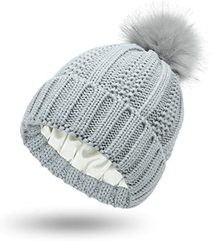 henjoke Bayan Bere Şapka Kış Saten Astarlı Örgü Bere Astar Kalın Kafatası Kap Yumuşak Sıcak Şapka Açık Kayak için