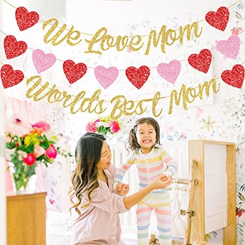 Anne Afişini ve Dünyanın en iyi Anne Afiş Setini Seviyoruz, Anne Doğum Günü için Işıltılı Kalp Çelenk, Anneler Günün