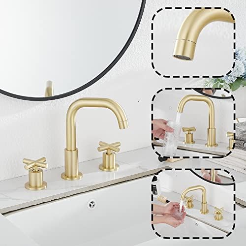 Fırçalanmış Altın Banyo Musluk GGStudy3 Delik 360 Döner Borulu 2 Kolları Yaygın banyo lavabo musluğu ile Pop Up Drenaj