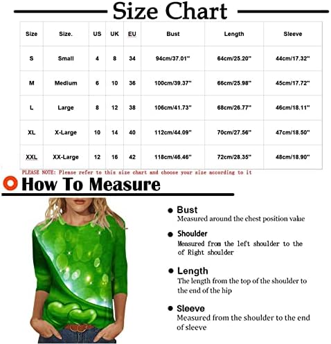 St Patrick Günü Kalp Kadınlar için Tops 3/4 Kollu Glitter Shamrocks Grafik Tees Komik Ekip Boyun Bluzlar Gömlek Tişörtleri