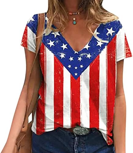Amerikan Bayrağı T Shirt Kadın ABD Yıldız Çizgili Dördüncü Temmuz Tee Gömlek Casual V Boyun Tee Üstleri Spor Giyim
