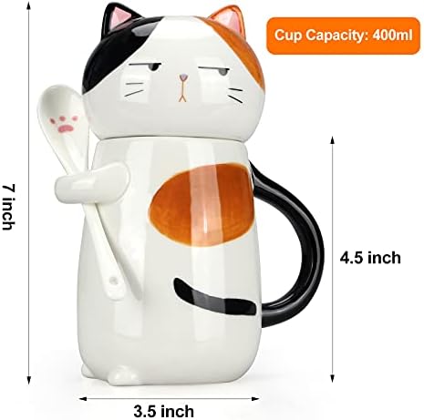 15 oz Sevimli Seramik Kahve kapaklı kupa ve Kaşık Sevimli Kedi çay bardağı Kadınlar Bayanlar için 3D Kawaii Kedi