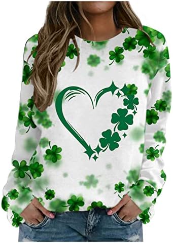 lcepcy kadın St Patrick Günü Kalp Tişörtü Sevimli Shamrocks Baskı Uzun Kollu Üstleri Ekip Boyun Konfor Gömlek Grafik