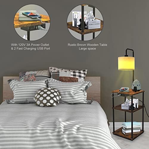 Masalı Hitiş Zemin Lambası, USB Şarj Portlu Rustik Sehpa Lambası, Elektrik Prizi ve Raflar, Yatak Odası, Oturma Odası