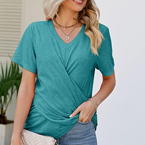 QCEMEN Yaz kadın T-Shirt Dantelli Criss Wrap Tops V Boyun Kısa Kollu Gömlek 2023 Moda Rahat Katı Slim Fit Tee Bluz