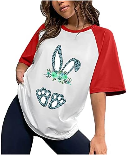 Kadın Paskalya Renk Blok T Shirt Kısa Kollu Tavşan Gömlek Sevimli Tavşan Grafik Tee İnanç Tee Yaz Rahat Gevşek Üst