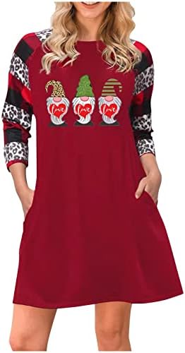 Kadınlar için sevgililer Günü Elbiseleri Crewneck Uzun Kollu Elbise Kalp Baskı Colorblock Konfor Tunik Elbise Cepler