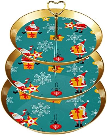 DragonBtu 3 Katmanlı Cupcake Standı ile Altın Çubuk Plastik Katmanlı Tatlı Kulesi Tepsi Sevimli Noel Noel Baba Desen