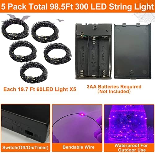[5 Paket ve zamanlayıcı] Cadılar bayramı dize ışıkları süslemeleri toplam 300 LED 98.5 Ft pil kumandalı bakır peri