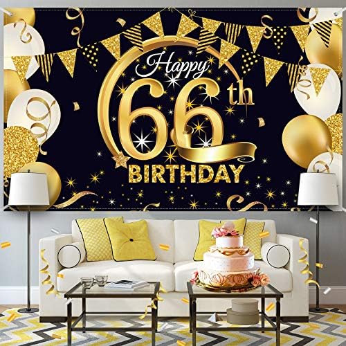 66th Doğum Günü Partisi Dekorasyon, ekstra Büyük Kumaş Siyah Altın İşareti Posteri 66th Yıldönümü fotoğraf kabini