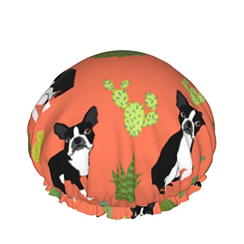 Kadınlar Kullanımlık Streç Hem Saç Şapka Boston Terrier Köpekler Kaktüs Turuncu Çift Katmanlar Su Geçirmez Duş Başlığı