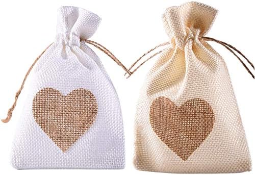 WEWIVODA Çuval Bezi Çantaları, 40 Paket 5x7 İpli Kalp Çuval Bezi Hediye Çantası Şeker Torbaları Sevgililer Günü Düğünü