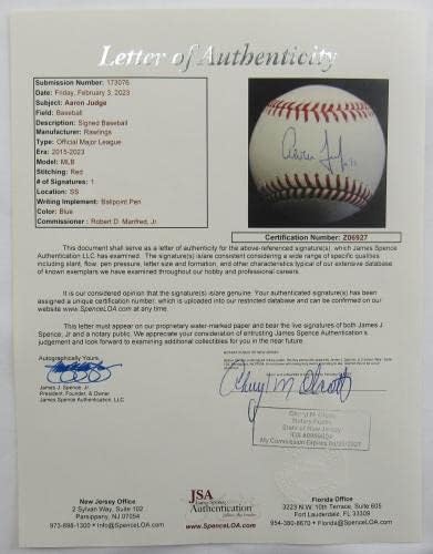 Aaron Judge İmzalı Otomatik İmza Rawlings Beyzbol JSA Z06927-İmzalı Beyzbol Topları