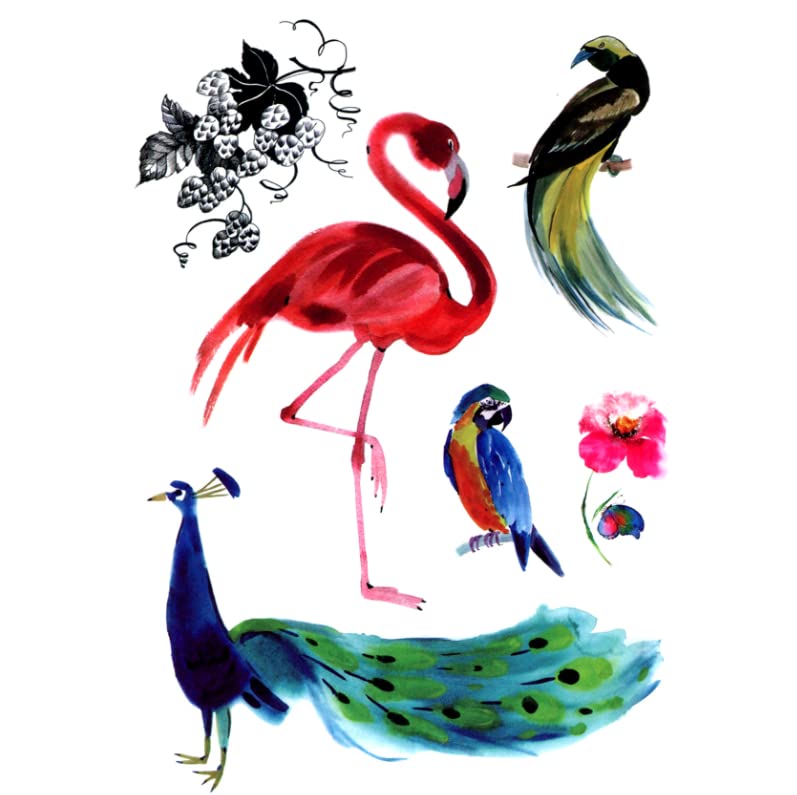 8 yaprak Flamingolar Ve Tavuskuşu Su Geçirmez Geçici Dövmeler Erkekler Kuş Dövme Geçici Etiket Glitter Dövme