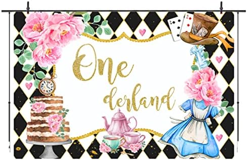 Onederland 1st Doğum Günü Backdrop Kızlar için Wonderland Çay Partisi Fotoğraf Arka Plan Kız Pembe Çiçek Poker Dekorasyon