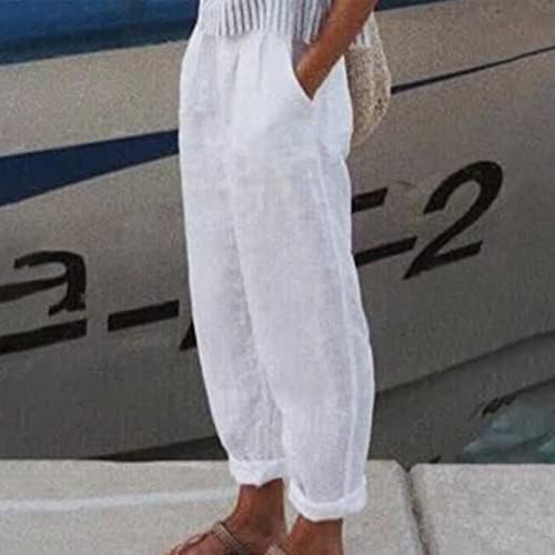 Dreamlascar Kadınlar Pamuk Keten Pantolon Capri Elbise Kırpma Pantolon Yaz Rahat Baskı Gevşek Rahat İpli Cepler ile