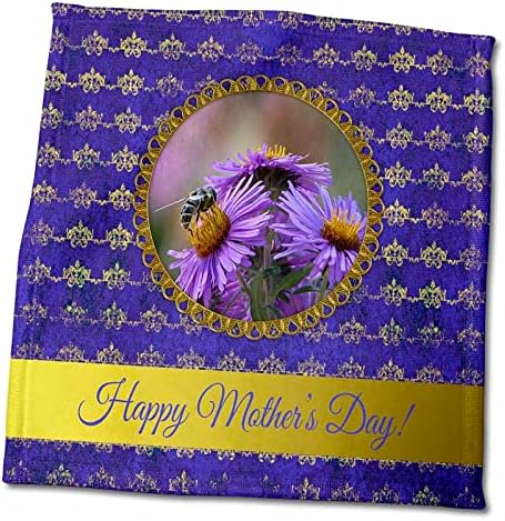 3dRose Anneler Günü, Mor İngiliz Asterlerinde Arı, Altın Yuvarlak Çerçeve, Şam Havluları (twl-286974-3)