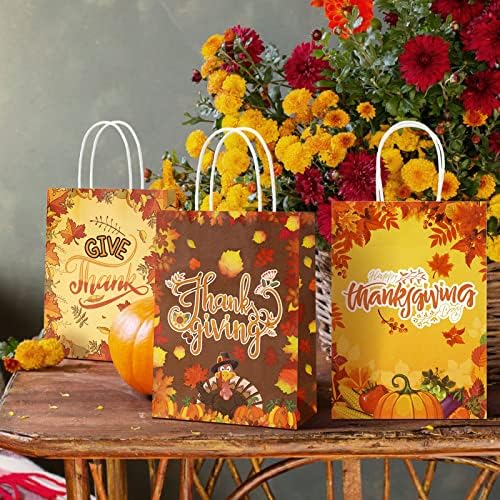 Hotop 20 Paket Güz hediye keseleri Kraft saplı çanta Yaprakları Goodie Şeker Kağıt Tedavi Şükran Akçaağaç Kabak Wrap