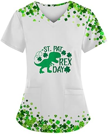 Aziz Patrick Günü Yonca Baskı Gömlek Kadınlar için V Boyun Kısa Kollu Casual Gevşek Çalışma Bluz Cepler ile