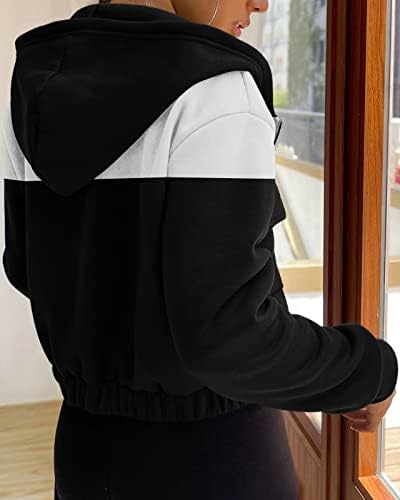 Valpweet Bayan Zip Up Kırpılmış Hoodie Moda Kazak Uzun Kollu Casual Kırpılmış Ceket Kaban Dış Giyim Cepler ile