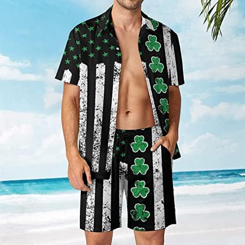 WEEDKEYCAT Retro İrlandalı ABD Bayrağı Aziz Patrick Günü Shamrock Yonca erkek Plaj Kıyafetleri 2 Parça Hawaiian Düğme