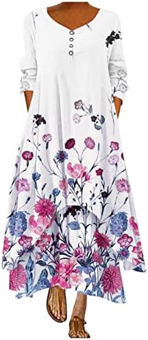 Zpervoba Boho Yaz Elbiseler Kadınlar ıçin 3/4 Kollu Maxi Elbiseler Çiçek Düğme V Boyun uzun elbise Gevşek Fit Fırfır