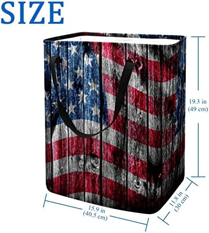 Amerikan Bayrağı Ahşap Çizgili Baskı Katlanabilir çamaşır Sepeti, 60L Su Geçirmez çamaşır sepetleri çamaşır Kutusu