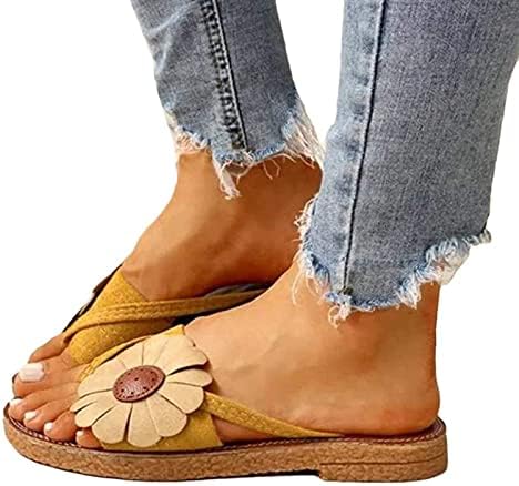 FlekmanArt kadın Yaz Sandalet Üzerinde Kayma Krizantem Rahat Düz Flip Flop Zarif Roma Sandalet Düz plaj ayakkabısı