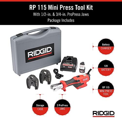 RIDGID 72553, RP 115 Mini Pres Aracı Kiti ile 1/2 - 3/4 İtme Çeneleri ve Taşıma Çantası