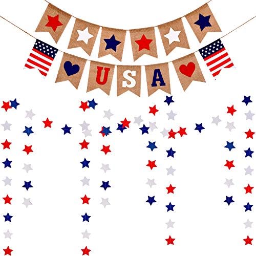 4 Adet 4 Temmuz vatansever dekorasyon seti ABD afiş yıldız baskılı çuval bezi afiş ve bağımsızlık günü asılı süslemeleri